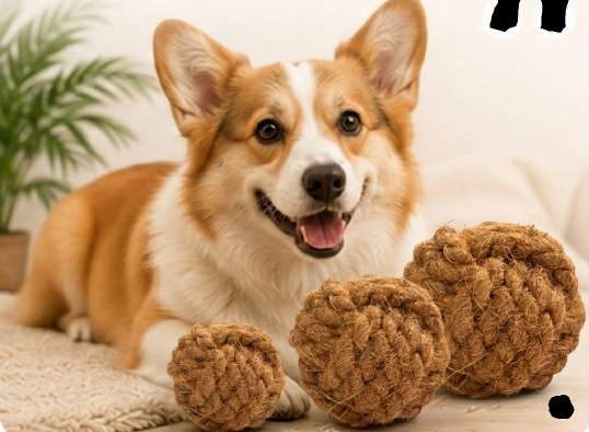 Dog playing with coconut fiber ball toys