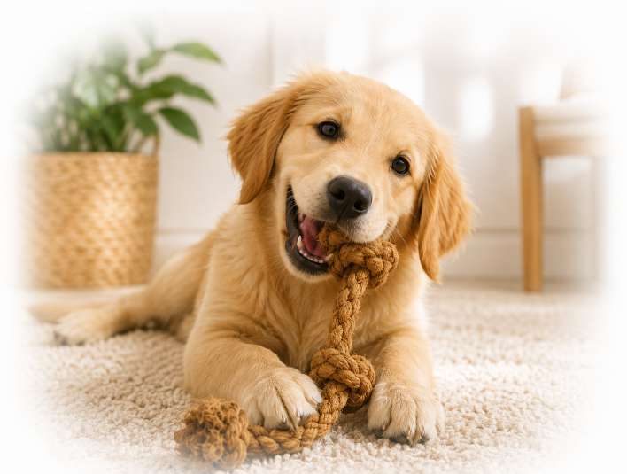 Dog playing with a hemp fiber rope toy