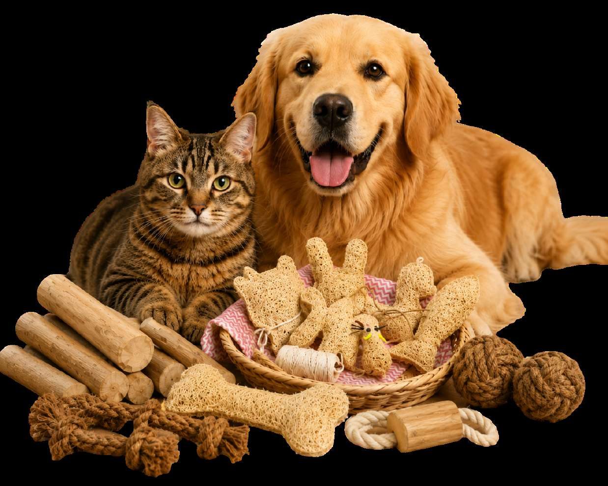 Dog and cat with natural coffee wood and coconut fiber pet toys made by VietPaw