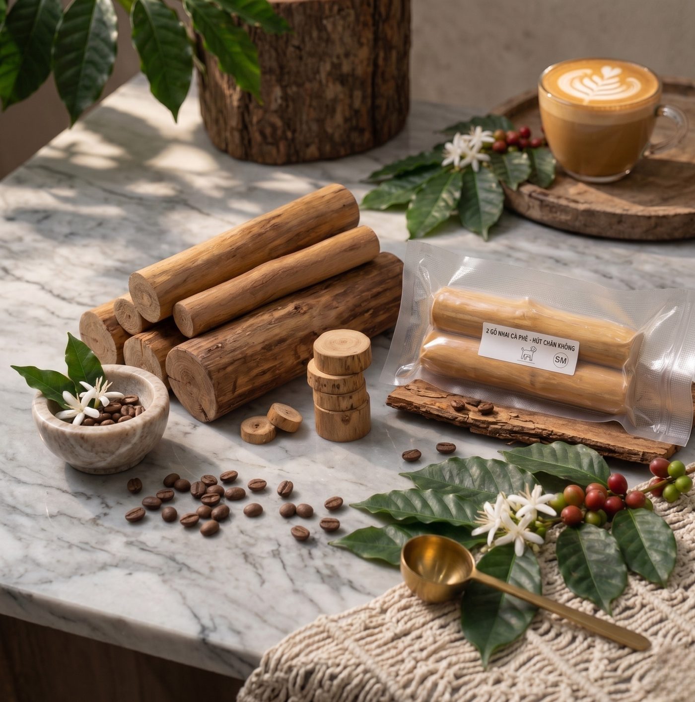 Coffee wood raw material styled with coffee beans and plants