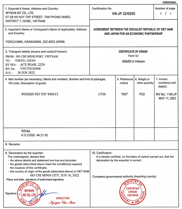 Certificate of Origin — Form VJ — Historical reference · 2022