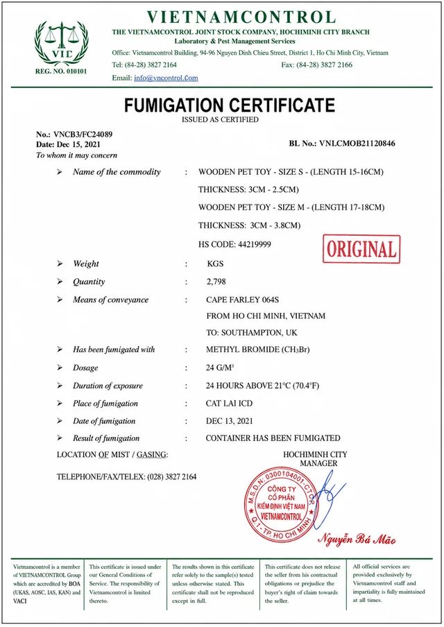 Fumigation Certificate — Historical reference · December 2021