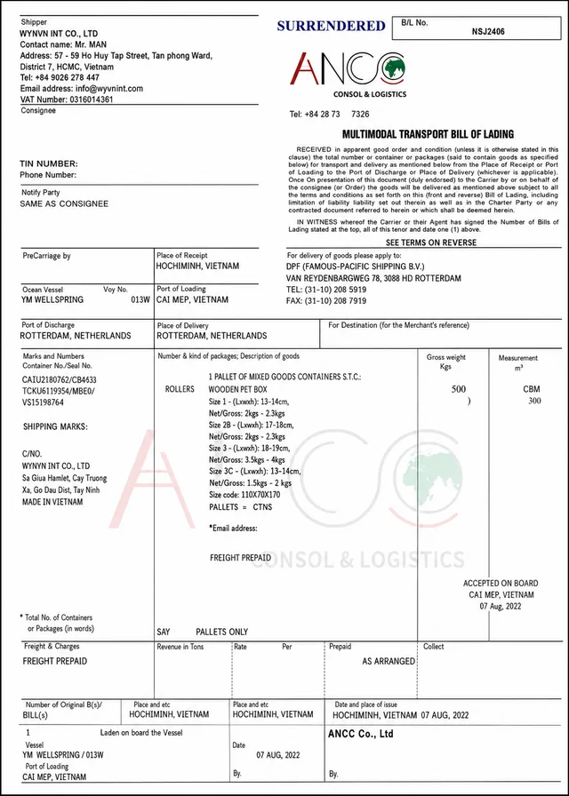 Bill of Lading — Surrendered Copy — Historical reference · August 2022