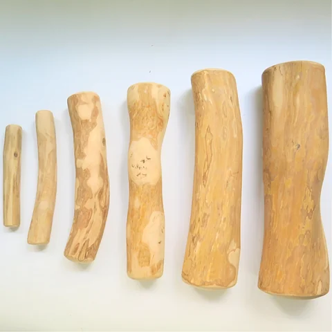 Six coffee wood chew stick sizes on a light background