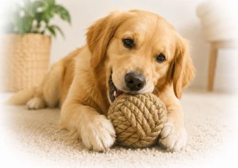 Golden retriever holding a rope ball indoors