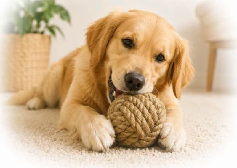Golden retriever holding a rope ball indoors